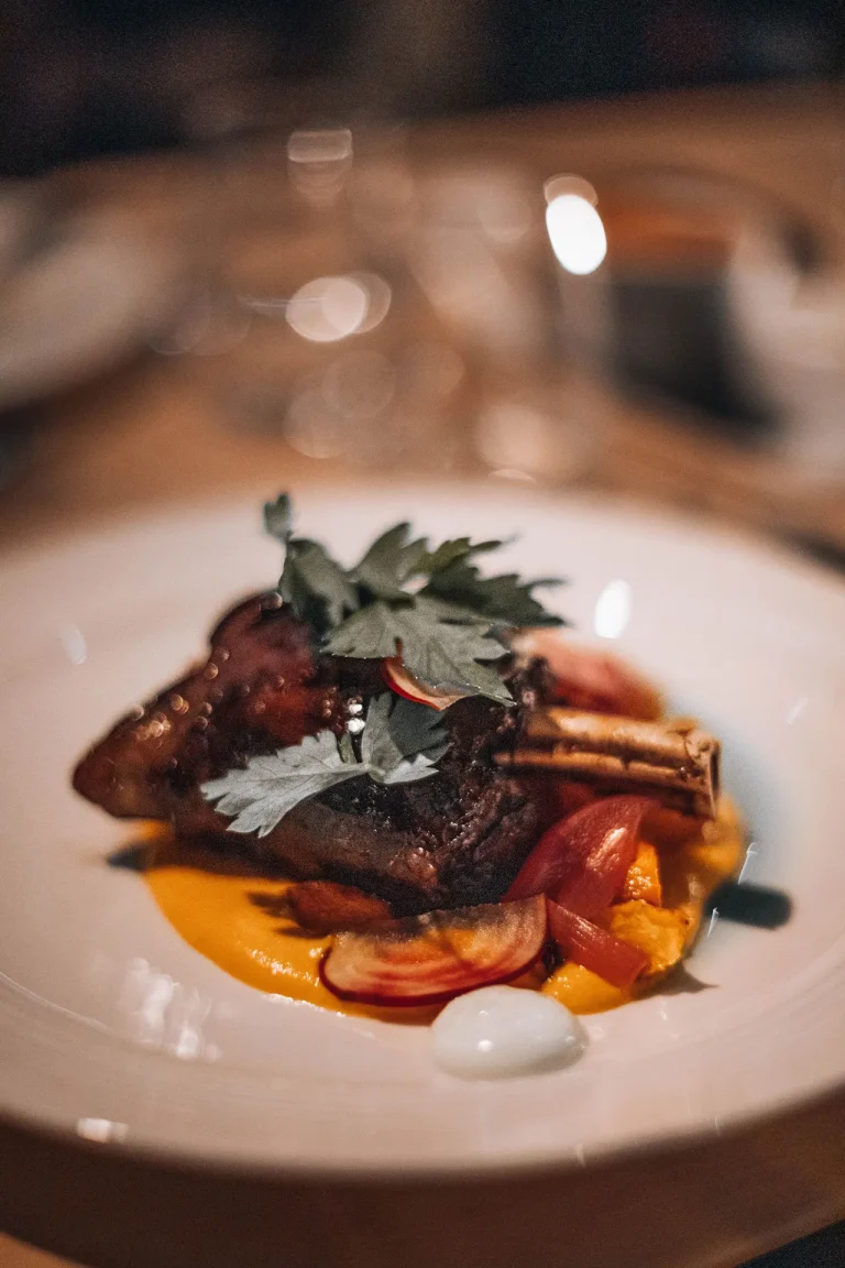 A close up of The Northern Lights Ranch restaurant's fillet of reindeer plate.